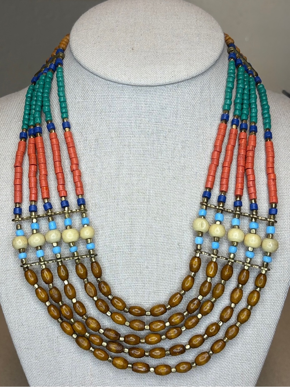 Boho Multi Strand Tribal Beaded Bib Necklace Turquoise Coral Wood